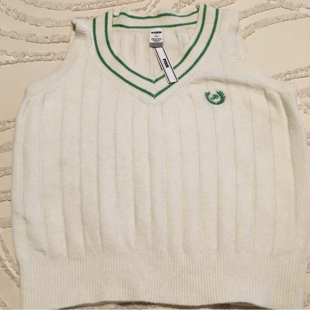 Victoria's Secret PINK Cream Cable Knit V-Neck Vest with Green Stripe - Picture 5 of 8